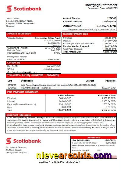 Guyana Bank of Nova Scotia bank mortgage statement